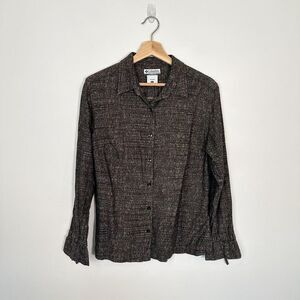 Columbia Women's Brown Button Down Cotton Shirt Bow Sleeves Sz Large